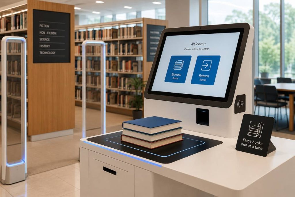 Self-checkout library RFID kiosk for automated library borrowing and return management