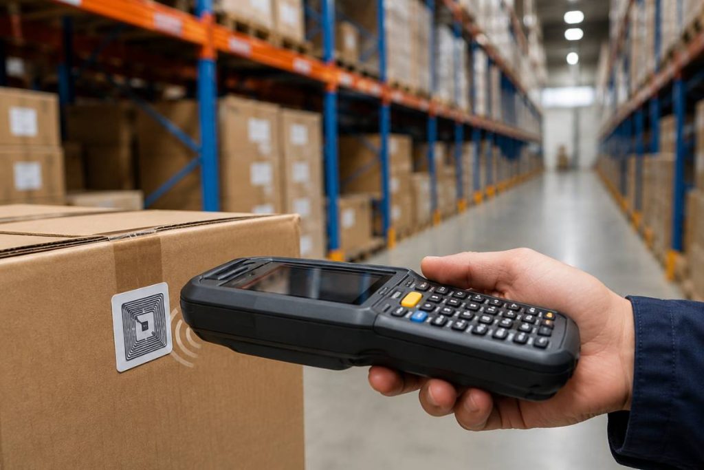 This image represents brand protection RFID technology securing products and protecting brand reputation against counterfeiting.